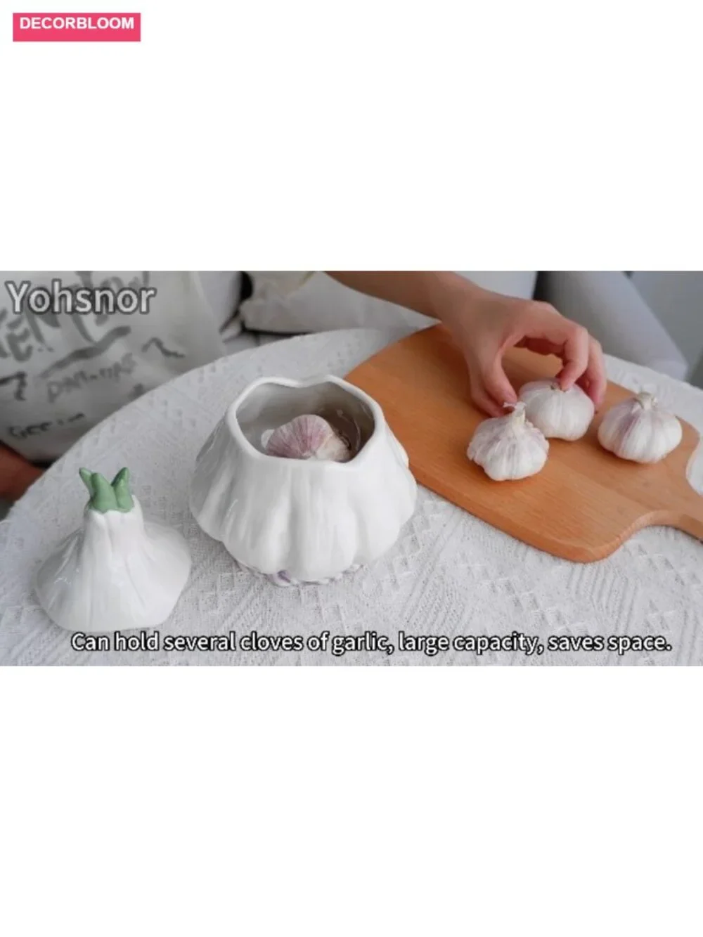 Large Ceramic Garlic Keeper with Lid - Breathable Storage Container for Kitchen